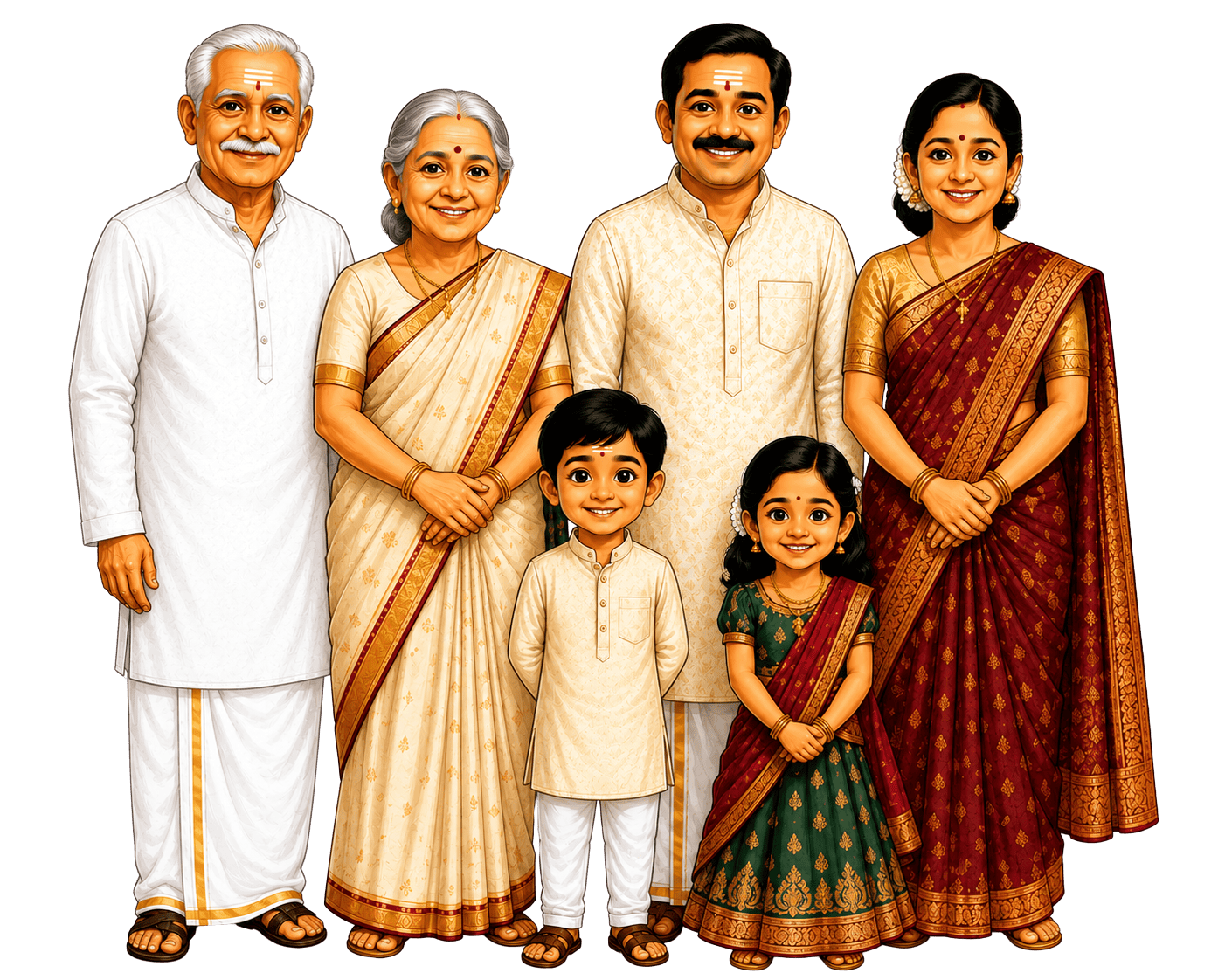 A family of six representing books, statues, jewelry, kids essentials, online pooja and ayurveda